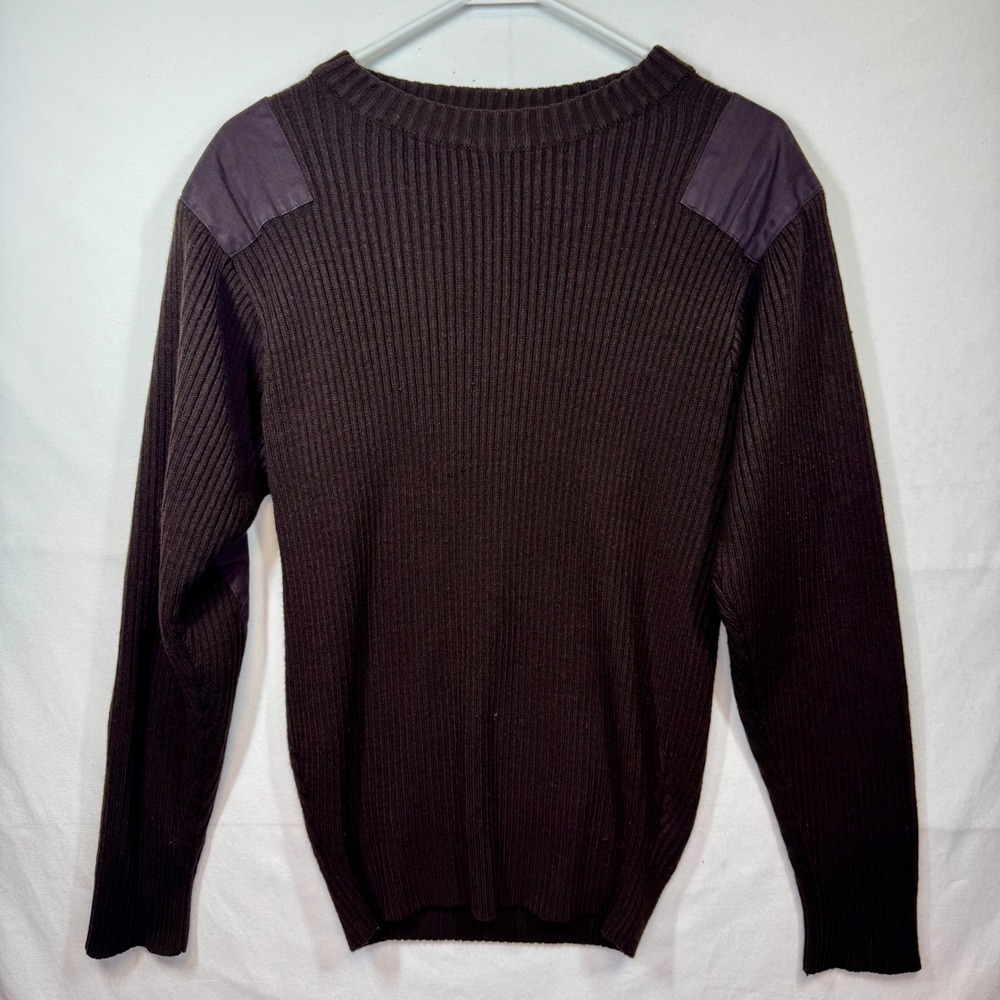 Green Tek Sweater Ribbed Knit Brown Military Shoulder/Elbow Patches Sz Large